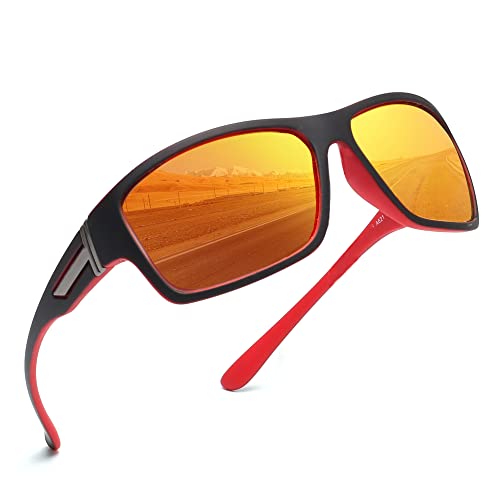 JIM HALO Gafas de Sol Polarizadas para Hombres, Gafas de Sol Envolventes Sprot para Ciclismo, Pesca, Conducción Negro Rojo / Rojo Espejo Cover