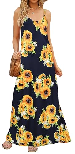 Image of Supnier Women's Summer Maxi Dress Casual V-Neck Sleeveless Bohemian Spaghetti Strap Floral Long Maxi Dress with Pockets