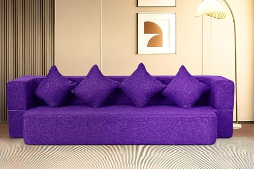 Image of Rosebell Flipper Three-Seater | 70 X 46 X 9 | Foldable Sofa Cum Bed with Washable Fabric Four Cushions - Purple Color