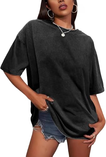 T Shirt für Damen Oversize Rundhalsausschnitt Tops Sommer Basic Tees Bluse(Schwarz,L)
