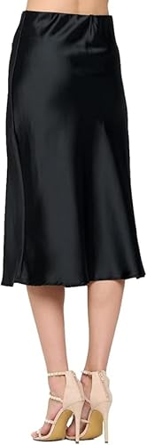 Women Solid High Waist Silky Casual Elastic Satin Midi Skirt - Made in USA (Small, Black)