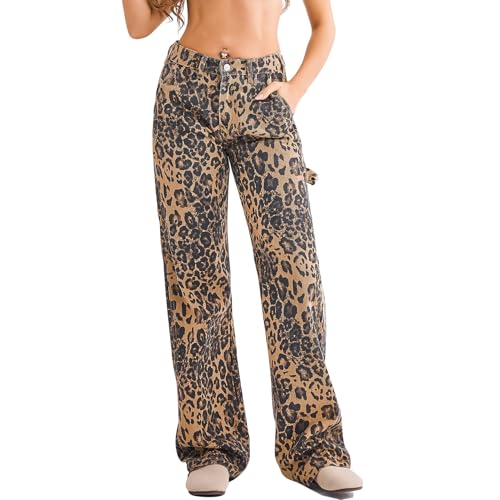Women's Straight Leg Jeans Casual Low Waisted Leopard Print Pants for Women Trendy Pull on Jeans Wide Leg Trousers Jeans3