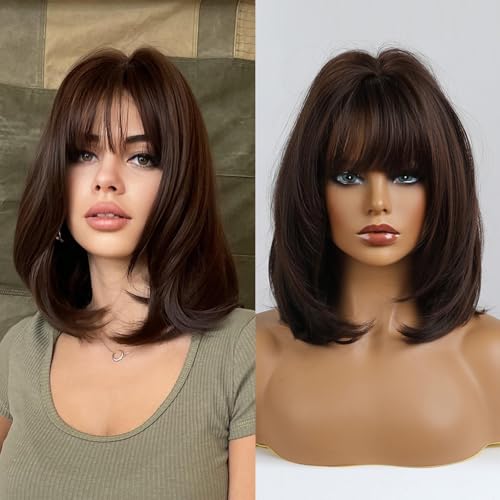 36cm Short Brown Straight Wig with Bangs for Women Natural Layered Shoudler Length Chestnut Brown Wigs Heat Resistant Synthetic Fiber Curly Hair for Daily Dating Family Gathering Party
