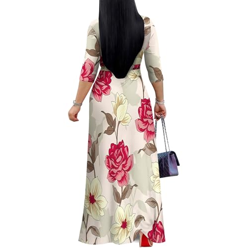 Image of PinkPatty Women's Print Maxi Dresses 3 /4 Sleeve Flowy Long Dress V Neck Wrap Tie Waist Sundress