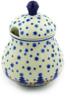 Polmedia Polish Pottery Sugar Bowl 8 oz - Snowy Woods Pattern Handmade in Boleslawiec Poland by Ceramika Artystyczna + Certificate of Authenticity
