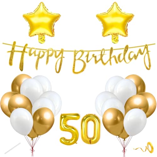 Image of Flyloons 50th Happy Birthday Decoration Kit Gold White for Boys Girls Men Women Adults With 20 Pcs Chrome Balloons Birthday Banner 2 Pcs Star Items Set