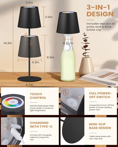 2 Pack Cordless RGB Table Lamp,Wireless Bottle Lamp,3 Level Dimming & RGB Cycle LED Portable Desk lamp - image 4