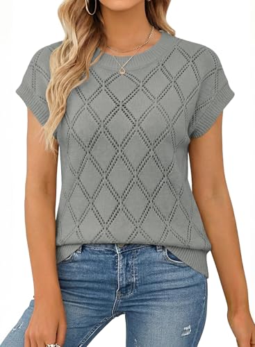 Image of SHEWIN Womens Tops Crewneck Cable Knit Short Sleeve Sweater Loose Lightweight Blouses Dressy Casual Pullover Sweaters Top