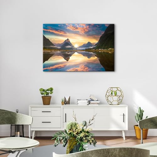 Image of Mountain Lake Wall Art for Bedroom Orange Sunrise Paintings Wall Decor Nature Yosemite Poster Canvas Prints New Zealand Scenery Photography Pictures Modern Artwork Office Bathroom Decorations 24x36 inch