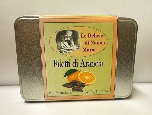 Filetti di Arancia al Cioccolato extra fondente in confezione di Latta Le Arance sono di origine Calabrese e il prodotto non contiene Solfiti