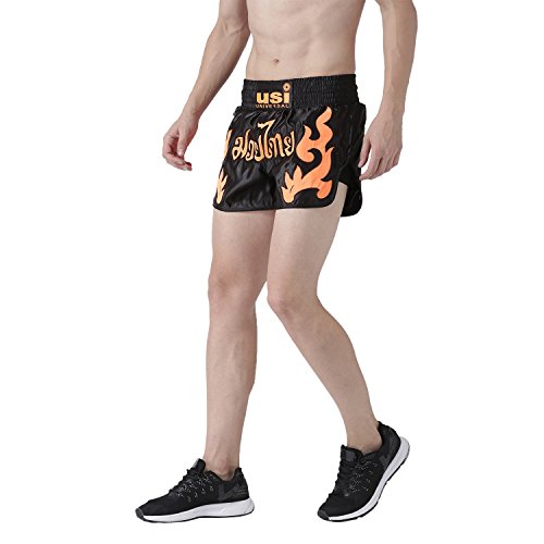 Image of USI Universal Muay Thai Shorts for Men Women, 410N Boxing Kickboxing MMA Fight Clothing Training Workout Trunks (in, Alpha, L, Regular, Black /Orange)