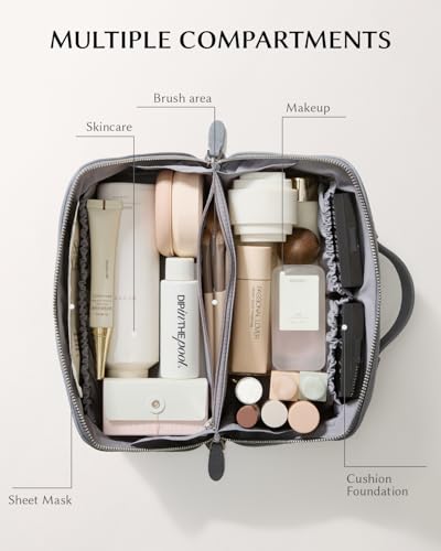 Image of EACHY Leather Makeup Bag, Portable 180 Wide-Open Flat Cosmetic Bag for Women, Large Capacity Make Up Organizer Makeup Pouch with Divider and Handle