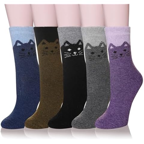 Eyean Women Wool Socks Thickened Winter Cozy Warm Hiking Soft Thermal Boot Crew Socks 5 Pairs (Cat) Cover