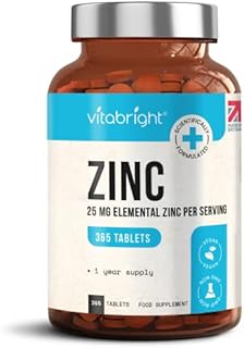 Zinc Tablets High Strength - 25mg Elemental Zinc  365 Vegan Tablet Pills (1 Year Supply)  Zinc Gluconate - Chelated Zinc Supplements for Immune System, Hair, Skin, Bones, Nails  Made by VitaBright