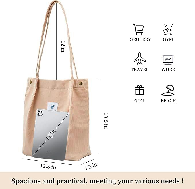 Image of Lyrovo Women Corduroy Shoulder Tote Bag for Work Beach Travel and Shopping Grocery
