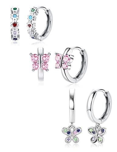Besteel 3 Pairs Double Love Heart Hypoallergenic Hoop Earrings For Women, Small Silver Huggie Earrings Hoops For Women, 10Mm Cute Cubic Zirconia Sleeper Butterfly Hoop Earrings Cartilage Dangling Sets For Sensitive Ears #TOP4