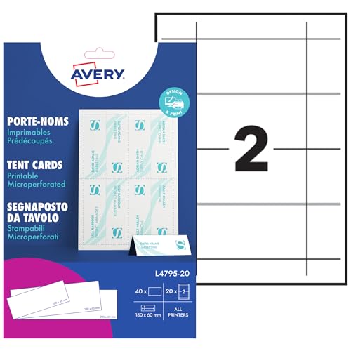 Avery – 20 porte-noms imprimables micro-perforés au format 210 x 60 mm – cartes de table personnalisables pour mariages, séminaires et événements professionnels
