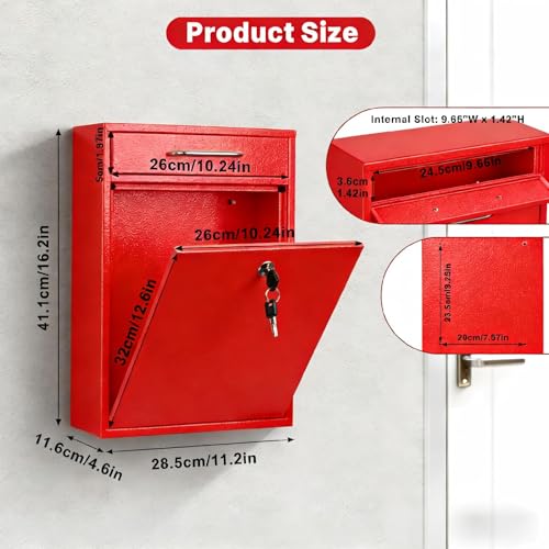 KYODOLED Steel Key Lock Mail Boxes Outdoor, Locking Wall Mount Mailbox, Security Key Drop Box, Collection Boxes for Home, Office or School,16.2H x 11.2L x 4.6W Inches, Red X Large by KYODOLED - Image 3