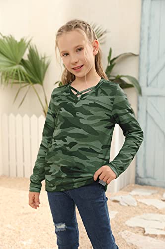 Image of Girls Camouflage Stripe Short Sleeve Shirts V Neck Criss Cross Tees Sweat Kids Casual Sport Tops Blouse(4-15T)