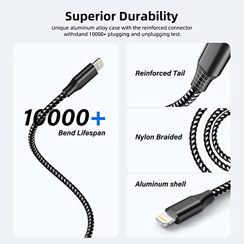 Iphone Charger Cable 3Pack 10 Ft Mfi Certified Lightning Cable Nylon Braided Iphone Cord Fast Charging Syncing Long Cord Compatible With Iphone 13 12 11 Pro Xs Max Xr X 8 And More (Blackwhite) #TOP4