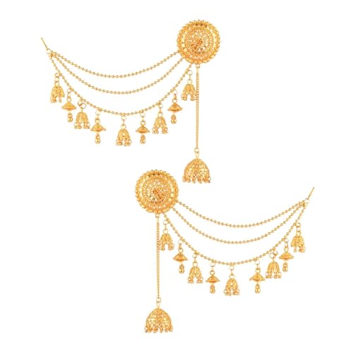 Efulgenz Indian Bollywood Jewelry 14K Gold Plated Dangling Earring with Layered Jhumka Tassels Ear Support Chain Hair Accessory Gold