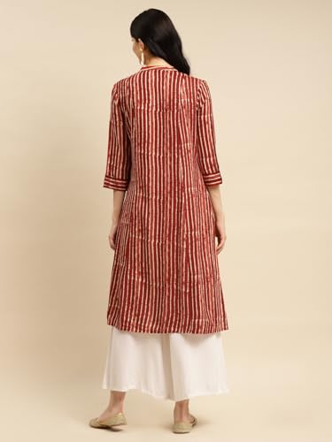 Image of rangita Women's Rayon Relaxed Fit Straight Calf Length Striped Front Slit Kurti | Kurta