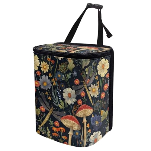 Image of Talayituse Mushroom Dragonfly Daisy Print Car Trash Can with Lid, Leak Proof Auto Trash Bag Hanging Vehicle Garbage Can Multipurpose Storage Container for Back Seat Road Trip