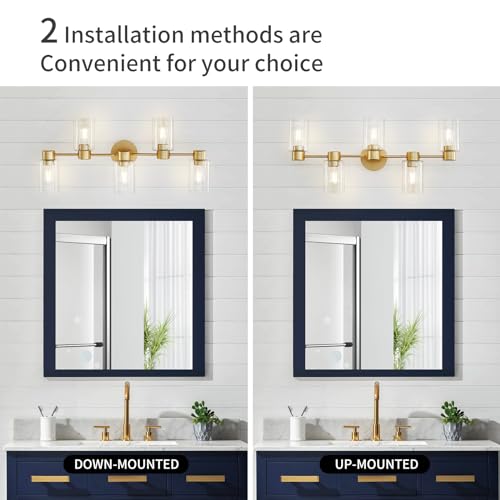 Image of WUZUPS 5-Light Bathroom Wall Light Fixture Over Mirror Clear Glass Shade Morden Vanity Scones Light for Bedroom Living Room, E26 Base, Gold