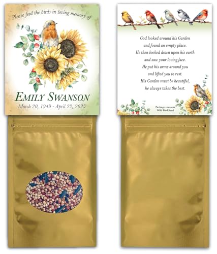 Personalized Memorial Funeral Bird Seed Packets with Choice of Sympathy Poem, Tribute, Keepsake, Wild Bird Seed Favors, Remembrance, Celebration of Life, Sunflower Garden Robin - Qty 25