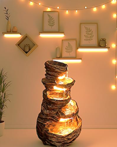 Image of 5 Steps 3.3feet Big Stone Fiber Brown Water Fountain with LED Lights & Water Pump for Home, Garden & Office Decor