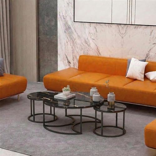 Image of Round Coffee Table Set of 3, Marble Laminated Accent Center Table with Sturdy Metal Base | Modern Foldable Nesting Stacking Tables for Living Room, Bedroom, or Apartments (Full Black)
