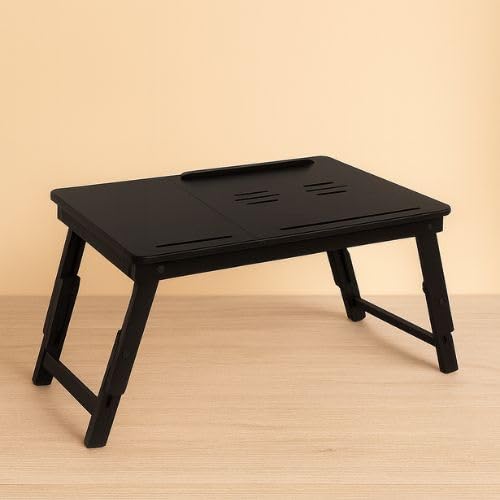 Image of Wooden Laptop Table Standard Adjustable Study Table with Laptop, Portable Lap Desk, Multifunctional Bed Table with Drawer and Folding Legs (Black)