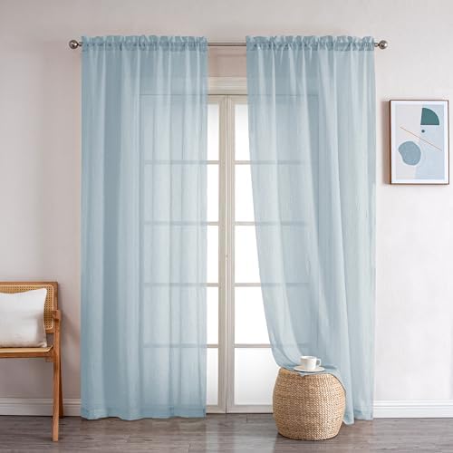 OWENIE Crushed Voile Gray Blue Sheer Curtains 84 Inch Length 2 Panels Set for Living Room/Bedroom, Rod Pocket Window Treatment Lightweight and Breathable Crinkled Textured Sheer Curtains, 51″ x 84″