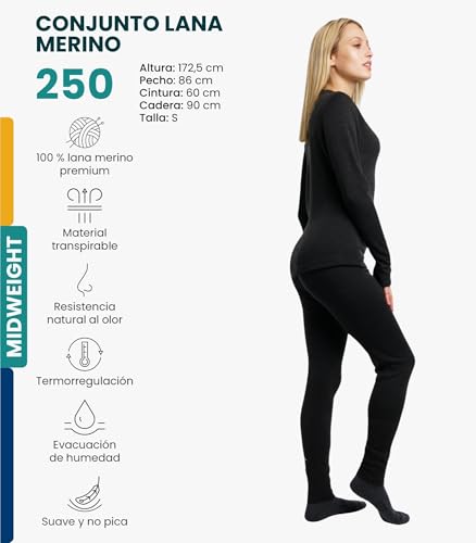 Merino.tech Conjunto Lana Merino Mujer - 100% Termica Lana Merino Camisa y Pantalon Medio con Calcetines (Medium, 250 Charcoal Grey)