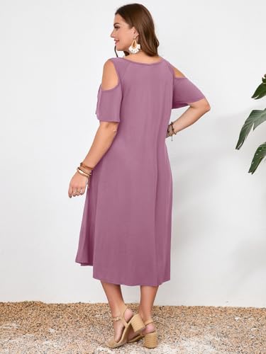 Image of LARACE Plus Size Women Dress for Summer, Midi Women's Sundress, Casual V-Neck Short Sleeve Flowy T-Shirt Dresses with Pockets