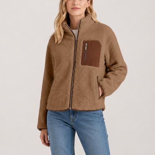Women's Sherpa Fleece Jacket Stand Collar Fuzzy Faux Shearling Zipper Coats - image 3