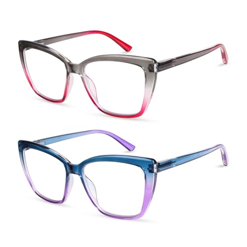 Image of Henotin Reading Glasses for Women, 2 pack Fashion Oversized Blue Light Readers for Women, Spring Hinge Cat Eye Glasses
