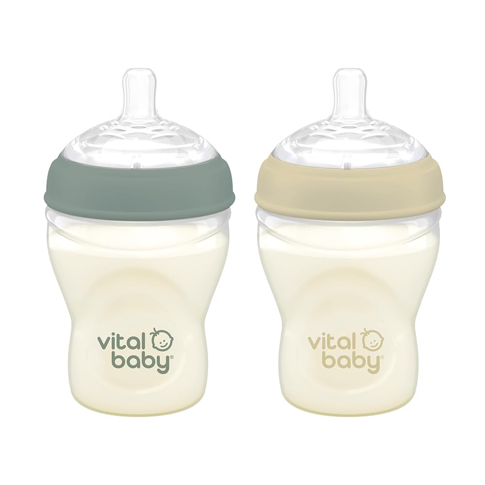 Vital Baby Breast-Like Baby Feeding Bottles 0m+, 240ml, Self-Sterilising in 3 Mins, Triple Anti-Colic Valves, Slow Flow Teats