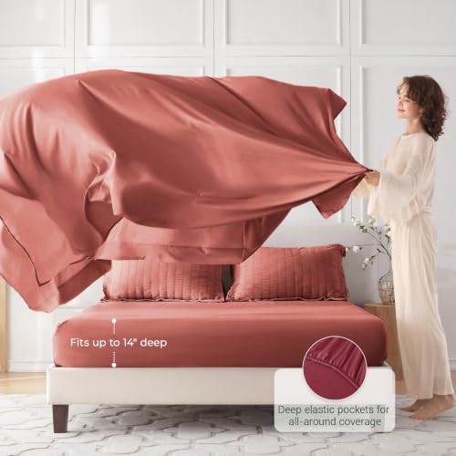 Image of MUXHOMO 7 Pieces Full Comforter Set, Seersucker Bed in a Bag Full Size, All Season Luxury Bedding Set with Comforter, Flat Sheet, Fitted Sheet, Pillowcases & Shams, Coral