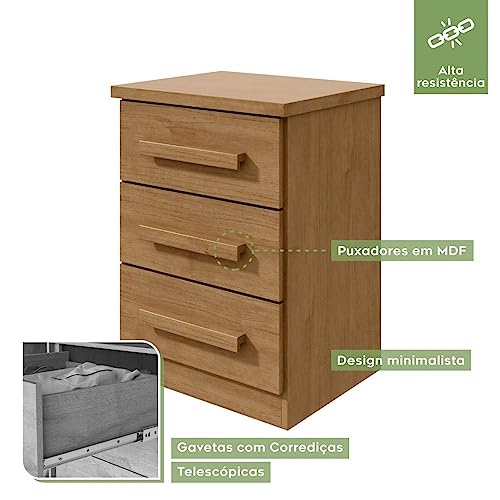 Mesa de Cabeceira 3 Gavetas Baião Plus Móveis Lopas Amêndoa Clean