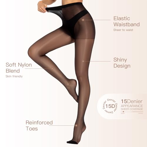 Image of Yilanmy Women's Shiny Sheer Tights Sexy Oil Dance Tights Shimmer High Waist Silky Pantyhose