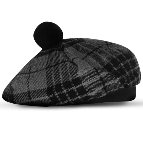 Image of Scottish Tam O' Shanter Hat Tartan Bonnet Pom Pom Wool Flat Cap One Size