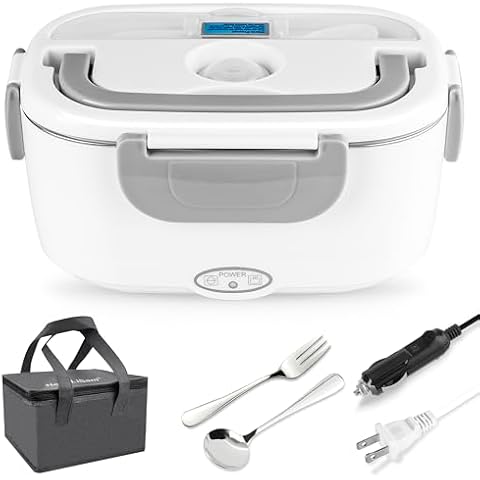 Electric Lunch Box Food Heater, 3 in 1 Faster Heated Lunch Box for Adult, 1.5L Portable Food Warmer 12V/24V/110V for Car/Home with Fork Spoon and Insulated Lunch Bag Cover