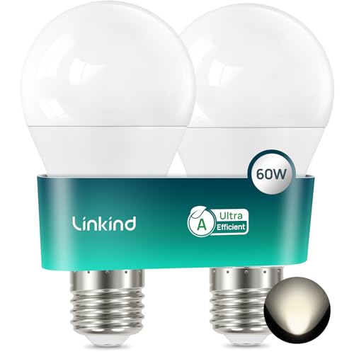 Linkind LED E27 Edison Lampe, 3,8W=60W, A-Label, 4000K Neutralweiß, 806Lm A60 Glühbirne von 220°, Ultra-effiziente E27 Birne, 50,000 Std. Lebensdauer, Matt, 2 Stück