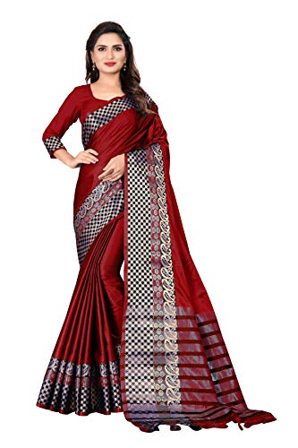 Divine International Trading Co Women's Banarasi Cotton Silk Saree with Unstitched Blouse (Goli-Red)