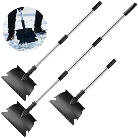 Snow Shovel for Driveway & Ice Scraper - Heavy Duty 201 Stainless Steel, Foldable Survival Shovel, Ergonomic 49