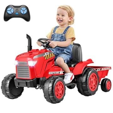 Maxmass 12V Kids Ride on Tractor, Battery Powered Electric Car with Detachable Trailer, Remote Control, Wireless Connection, USB, Music, Electric Construction Vehicle for 3-8 Years Old (Red)
