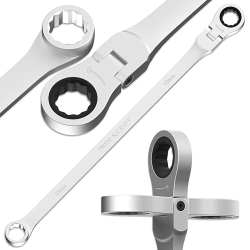 Image of PRIDE&CRAFT Extra Long Ratcheting Wrench 16mm, Metric Flex Head Double Box End, 2X Longer Wrenches, Chrome Vanadium Steel with 90-Tooth Ratchet for Automotive Repair