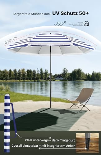 4smile Sonnenschirm Strand SunnyJoy, Blau-Weiß - UPF 50+ Strandschirm Ø 180 cm, sicherer Sonnenschutz Strand, Strandschirm windfest stabil - Sonnenschirm mit Schutzhülle 3