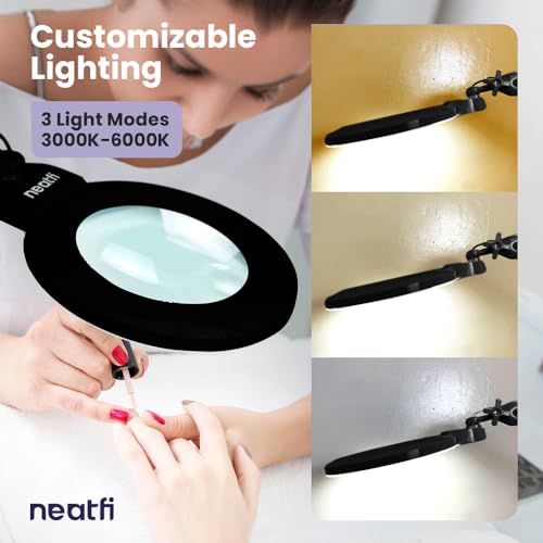 Image of Neatfi XL Bifocal LED Magnifying Lamp, 7 inch Acrylic Lens, 2.25X /6X, 1,600 Lumens Dimmable | 3 Light Modes, Adjustable Arm & Clamp | Reading, Crafting & Jewelry (Black, 7-inch Lens, CCT with Clamp)